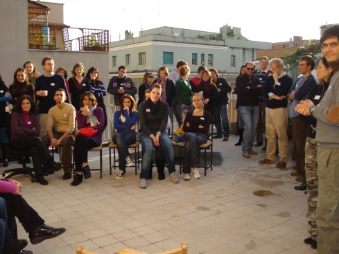 Here's a portion of our guests, sitting on the terrace at the boys' apartment (praise God for warm Rome weather!!), learning about the first Thanksgiving and Agape!