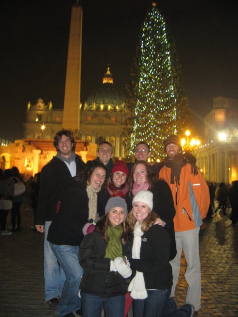 We spent Christmas Eve at the Vatican, watching Midnight Mass from outisde of St. Peter's Basilica. This is the team infront of the giant Christmas Tree, St. Peter's, and the Nativity Scene. 